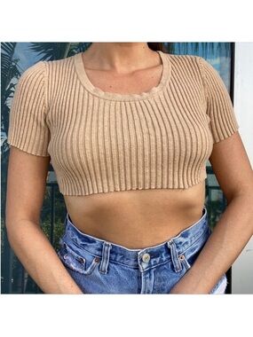 Chadwicks Tan Ribbed 90s Style Crop Top M